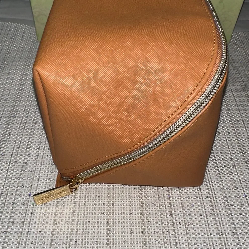 MoroccanOil Camel Brown Cube Shaped Zip Faux Leather Cosmetic Makeup Travel Bag
